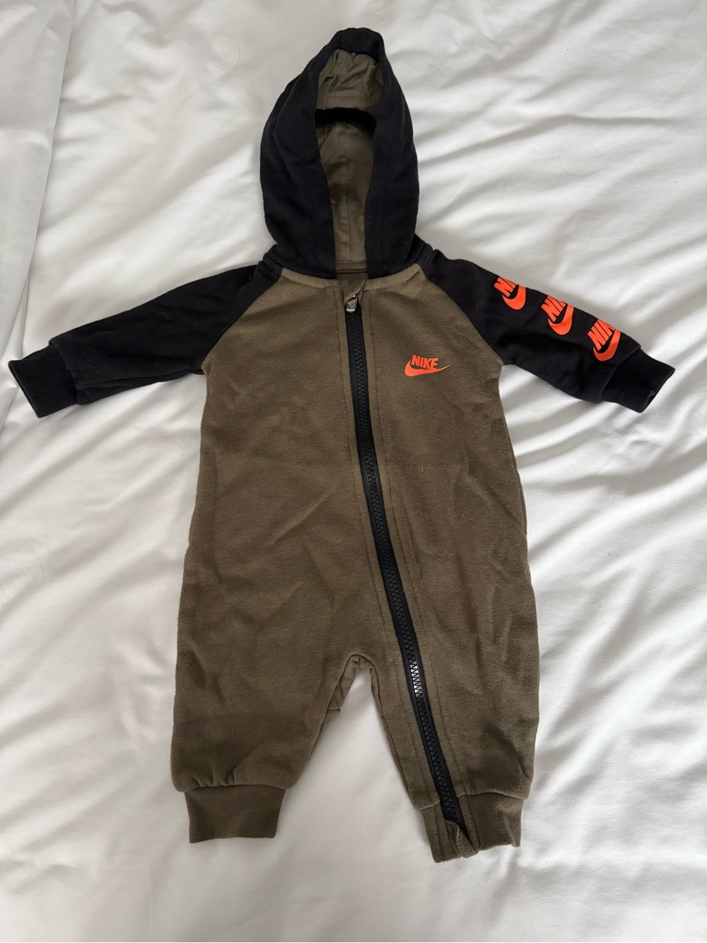 Nike Olive and Black Hooded Baby One-Piece with Orange Logos